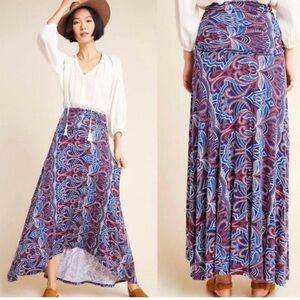 Anthropologie Maeve Melissa Ruched Maxi Skirt Paisley Knit Hi-Low Size XSmall
